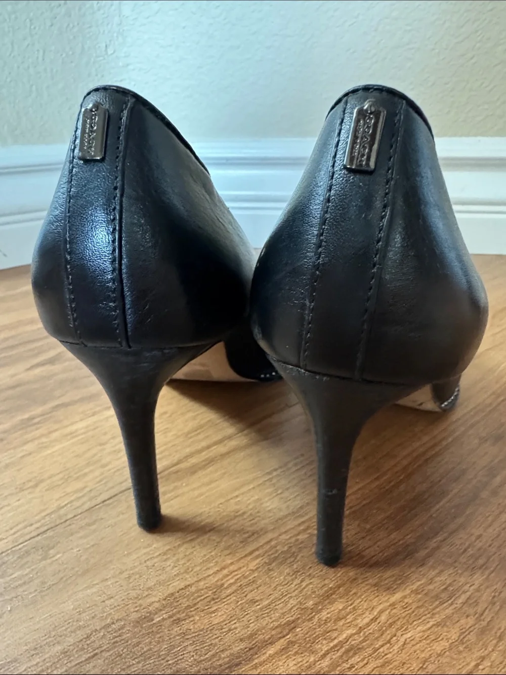 Coach Black Leather Pointed-Toe Pumps with Studded Trim